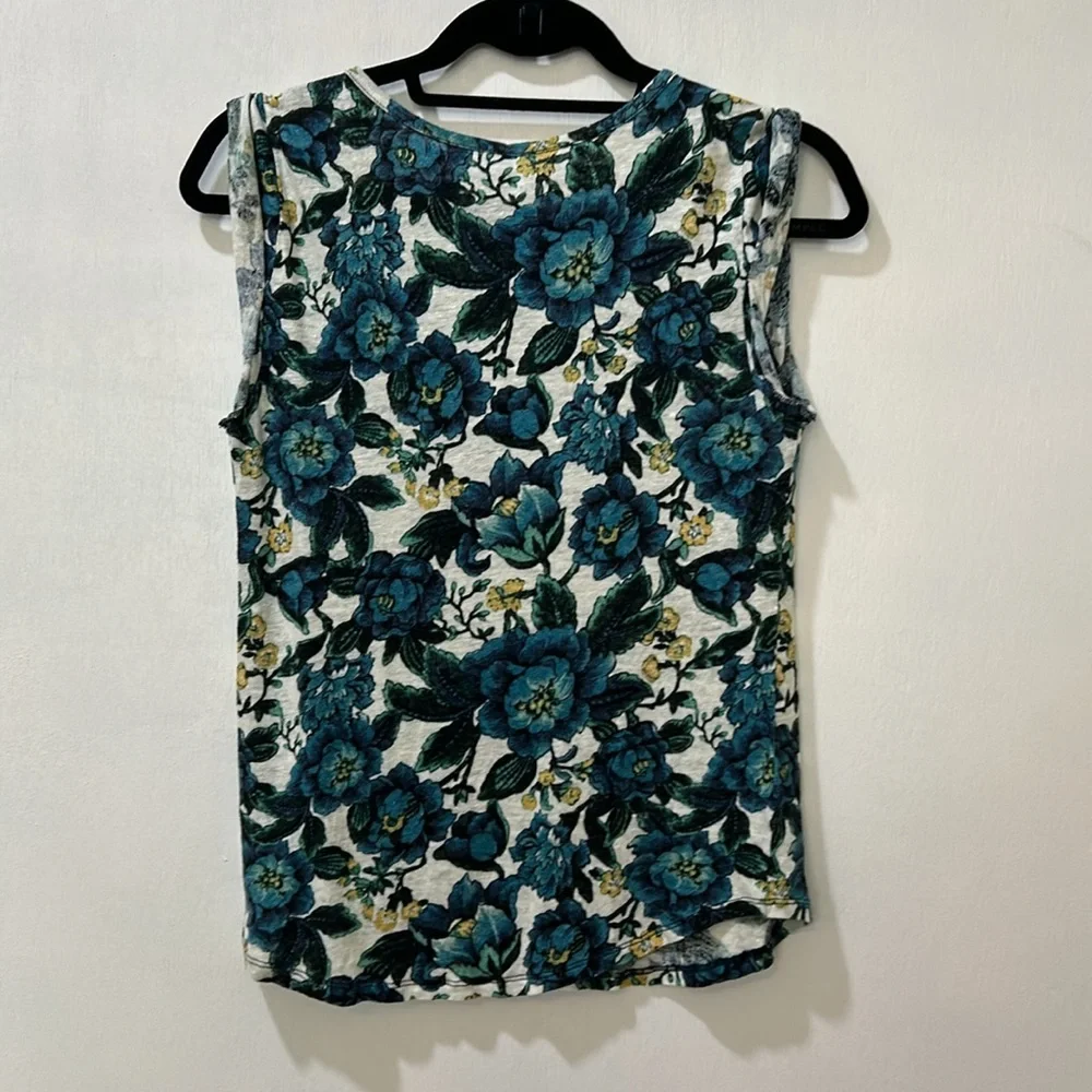 LOFT WOMEN 100% LINEN BLOUSE BLUE FLORAL SLEEVELESS SIZE SMALL - Picture 2 of 10